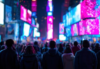 Naklejka premium A crowd of people gazes at vibrant billboards illuminating the night sky in a bustling urban center creating a sense of awe and excitement.