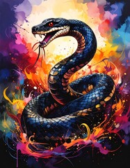 An expressive and colorful watercolor illustration of a coiled snake with its mouth open and fangs exposed, set against a dynamic background of vibrant paint splatters and abstract fire.