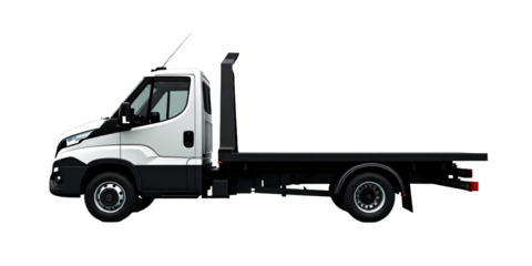 Flatbed tow truck with hydraulic arm isolated on an empty plain background