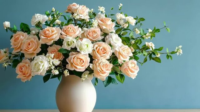 Beautiful flowers in a vase on a blue background. Selective focus