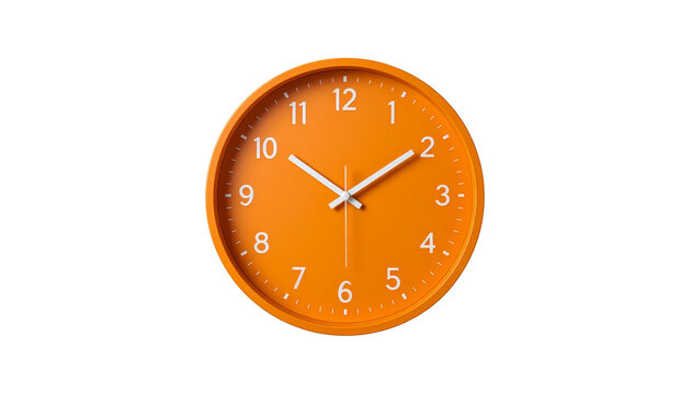 Vibrant orange wall clock with a unique design, showcasing time isolated on solid white background in Png
