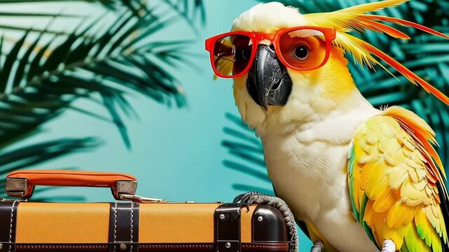 parrot on a suitcase on a beach background. Selective focus