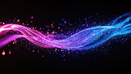 Fototapeta premium Abstract, vibrant, flowing lines of pink and blue light, with glittering particles, on a black background