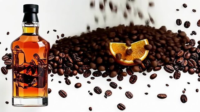 alcoholic coffee beans and lemon top view. Selective focus