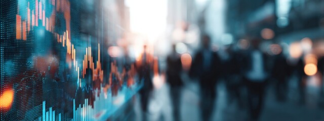 A dynamic blend of financial market data and blurred city pedestrians evokes a sense of modern urban life and economic activity.