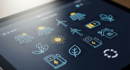 Tablet displays line art icons of renewable energy sources