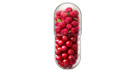 A transparent capsule filled with raspberries and cherries on a white background