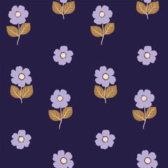 Seamless floral pattern, cute ditsy print, simple ornament of large hand drawn flowers on purple background. Pretty botanical textile, wallpaper design of flowers on stem, leaves. Vector illustration.