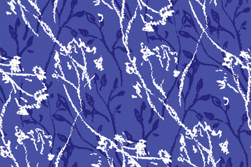 Seamless floral pattern, abstract nature print with sketch silhouettes of plants. Elegant botanical design of hand drawn thin branches, twigs, leaves scattered on blue field. Vector illustration.