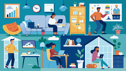 Diverse people working remotely in cozy home environments. Freelancers using laptops in living room, bedroom, and home office setups with natural lighting and productivity focus.

