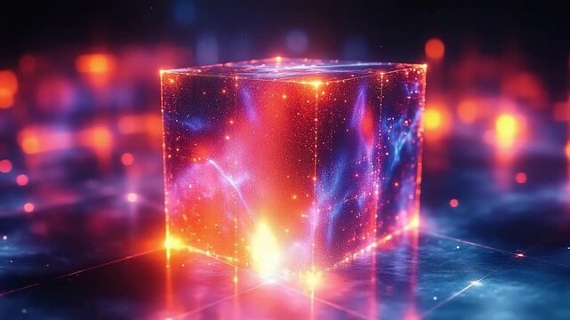 Vibrant Luminescent Cube: A captivating 3D render of a radiant cube, with its edges ablaze with light, floating in an ethereal void, symbolizing digital technology and its boundless potential.