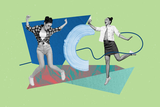 Full art sketch 3d collage image poster of two happy girls dance together weekend occasion celebration club event chill party