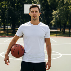 Fototapeta premium man wearing blank white t-shirt plays basketball