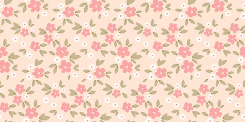 Seamless floral pattern, liberty ditsy print of mini plants in delicate pastel colors. Cute botanical textile design of small hand drawn flowers, tiny leaves, simple bouquets. Vector illustration. © Yulya i Kot