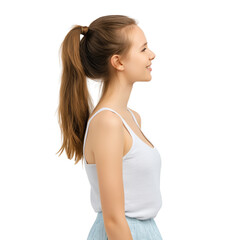 Fototapeta premium young woman with her hair tied up in ponytail isolated on white background