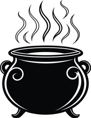 Black cauldron with swirling steam and decorative handles on white background kettle