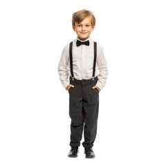  well-dressed young boy smiles confidently while dressed formally isolated on white background