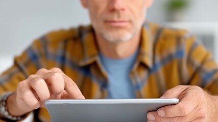 Man interacting with a tablet: A mature man uses a tablet, showcasing contemporary technology and engagement with digital interfaces. The image portrays his tech-savviness. - Powered by Adobe