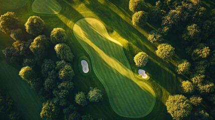 Aerial View of Serene Golf Course Green at Sunrise, Lush Greenery and Long Shadows