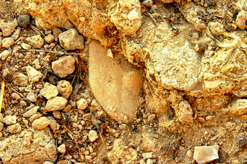 A rocky area with a piece of broken pottery on the ground