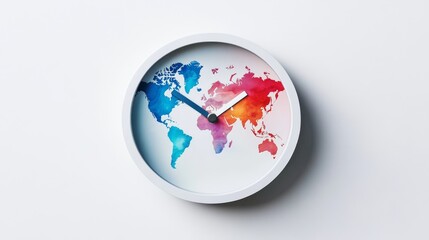 117.A creative clock illustration with a circular frame containing a stylized world map inside. The clock hands are minimalist, and the continents are represented in subtle gradients against a white