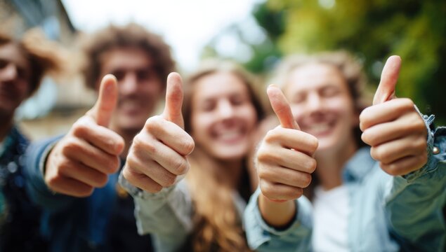 A group of cheerful young adults expresses approval and positivity by giving enthusiastic thumbs up gestures, creating a sense of unity and optimism.