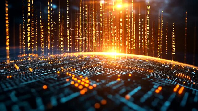 Abstract digital world animation background with binary code and network connection