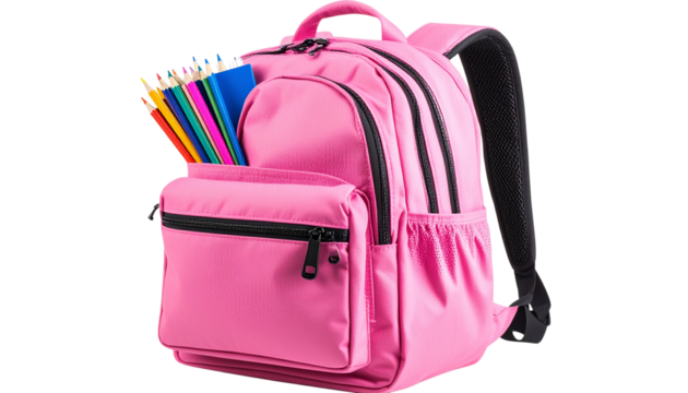 vibrant pink schoolbag, backpack stuffed with colorful pencils and a notebook, ready for school, isolated on transparent background back to school png editing element