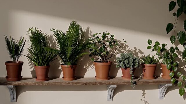 a calming arrangement potted green plants various shapes sizes stands neatly row evoking peace mindfulness perfect eco friendly branding home gardening content relaxing ambient