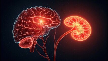 Glowing human brain and kidney anatomy with neural pathways, symbolizing health and medical science