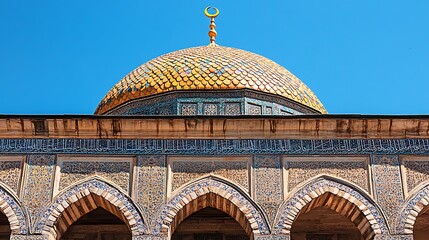 Golden mosque dome with crescent finial and multi-toned tile patterns sitting above engraved stone base under sharp midday sun 