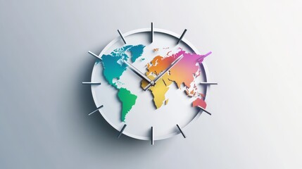 118.A round clock concept with a detailed vector world map placed inside, featuring sharp arrows and bold numerals. The continents are softly colored, contrasting elegantly with the clock's clean
