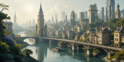 Obraz premium Cityscape Dream: A breathtaking panoramic view of a sprawling cityscape, showcasing architectural marvels, a flowing river, and a serene bridge that seamlessly blends history with modernity.