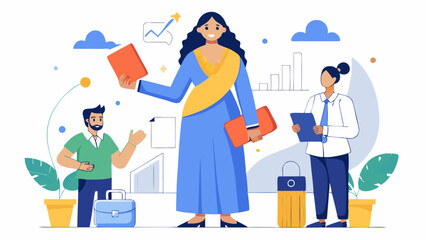 Fototapeta premium Minimalist line drawing of Indian woman manager leading business strategy session. Corporate planning, workplace discussion, leadership skills, team collaboration concept.