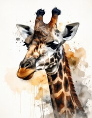 An expressive and vibrant watercolor illustration of a giraffe's head and long neck, with a dynamic background of soft, abstract paint splotches in warm tones.