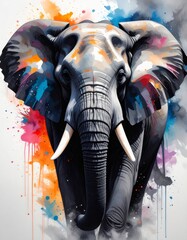 An expressive and colorful watercolor illustration of a powerful elephant with large tusks and a long trunk, set against a dynamic background of abstract paint splatters.