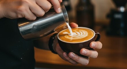 A barista pours steamed milk into a cup of espresso, creating latte art with a floral design on top of the coffee.