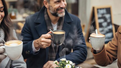 Group of friends toasting with coffee mugs at an outdoor café during autumn wearing cozy coats and gloves.