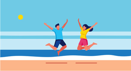 Obraz premium Man and Woman Jumping on Beach with Arms Raised – Minimalist Flat Design Illustration