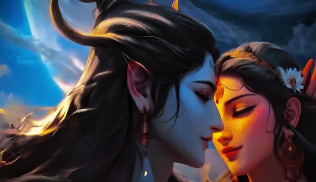 Lord Shiva and Goddess Parvati intimately gazing at each other in loving embrace. Divine Hindu deities symbolizing love, union in mystical sky. Moon, spirituality, religion, India, Mahashivratri, God