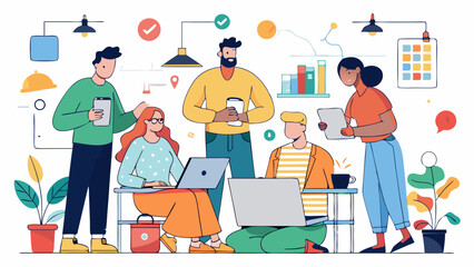 Group of young business people brainstorming in modern office with laptops and stationery. Multicultural coworkers planning startup strategy in creative workspace.

