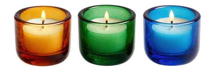 Tealight candles in colorful glass holders for a vibrant kitchen nook.