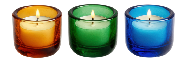 Tealight candles in colorful glass holders for a vibrant kitchen nook.