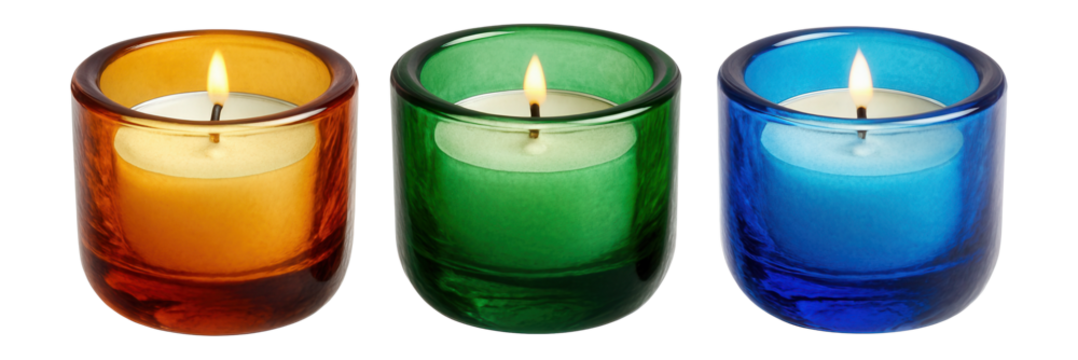 Tealight candles in colorful glass holders for a vibrant kitchen nook.