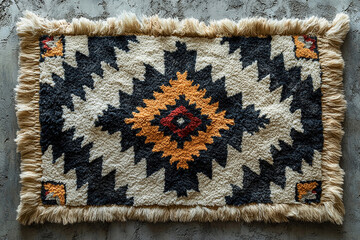 Natural tones. Handwoven rug texture with geometric print on a white background. Top view.