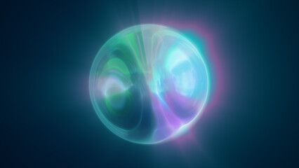 Bright abstract sphere floating in dark environment with glowing neon lights and energy aura