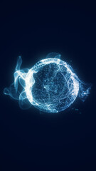 Glowing sphere of dynamic blue particles and waveforms forming a digital orb in a dark space background