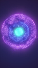 Glowing purple and cyan spherical formation with intricate textures, resembling a digital core or energy nucleus in a cosmic space