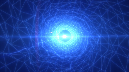 Abstract glowing digital tunnel with blue polygonal grid converging toward a bright center, symbolizing data flow and high technology