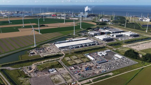 Aerial view of a new hyperscale data center in Eemshaven, Groningen, The Netherlands, built to meet rising demand for AI and cloud services.